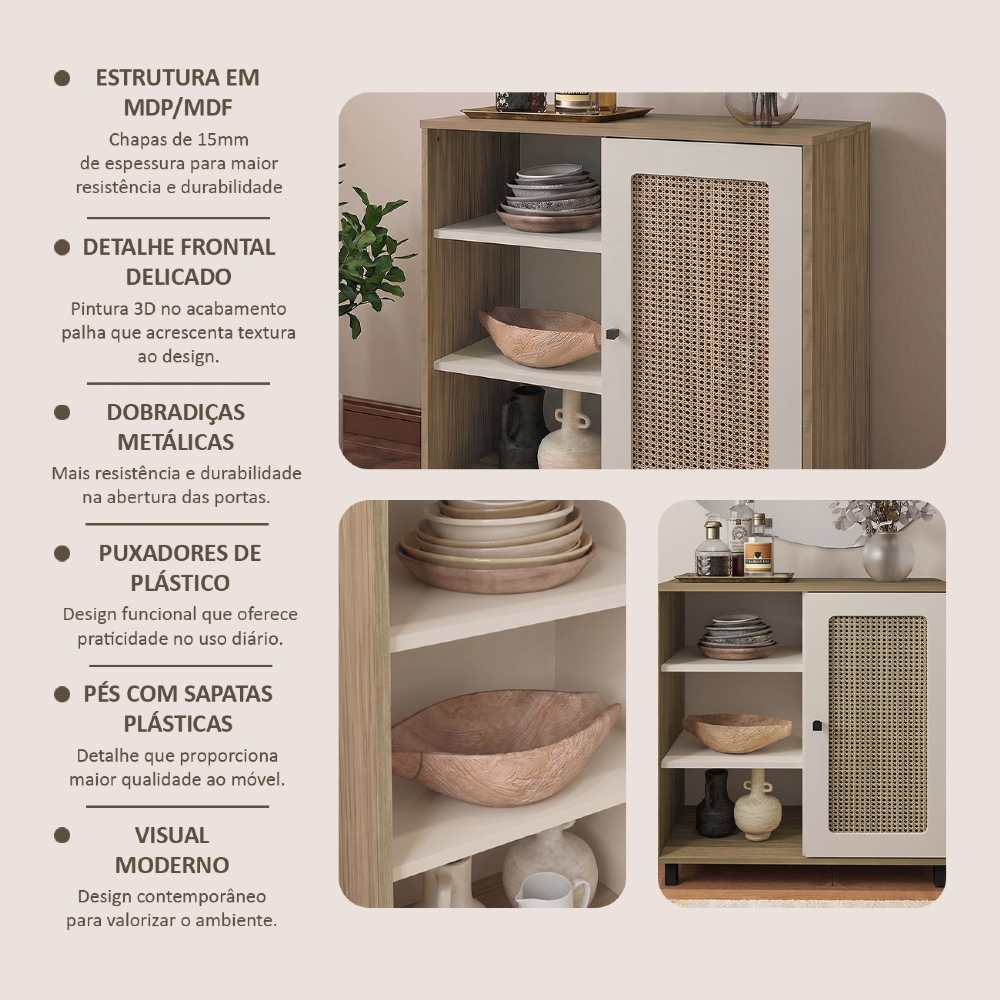 Buffet Aparador 80cm 1 Porta Sofie Carvalho/Off White A09 - Mpozenato
