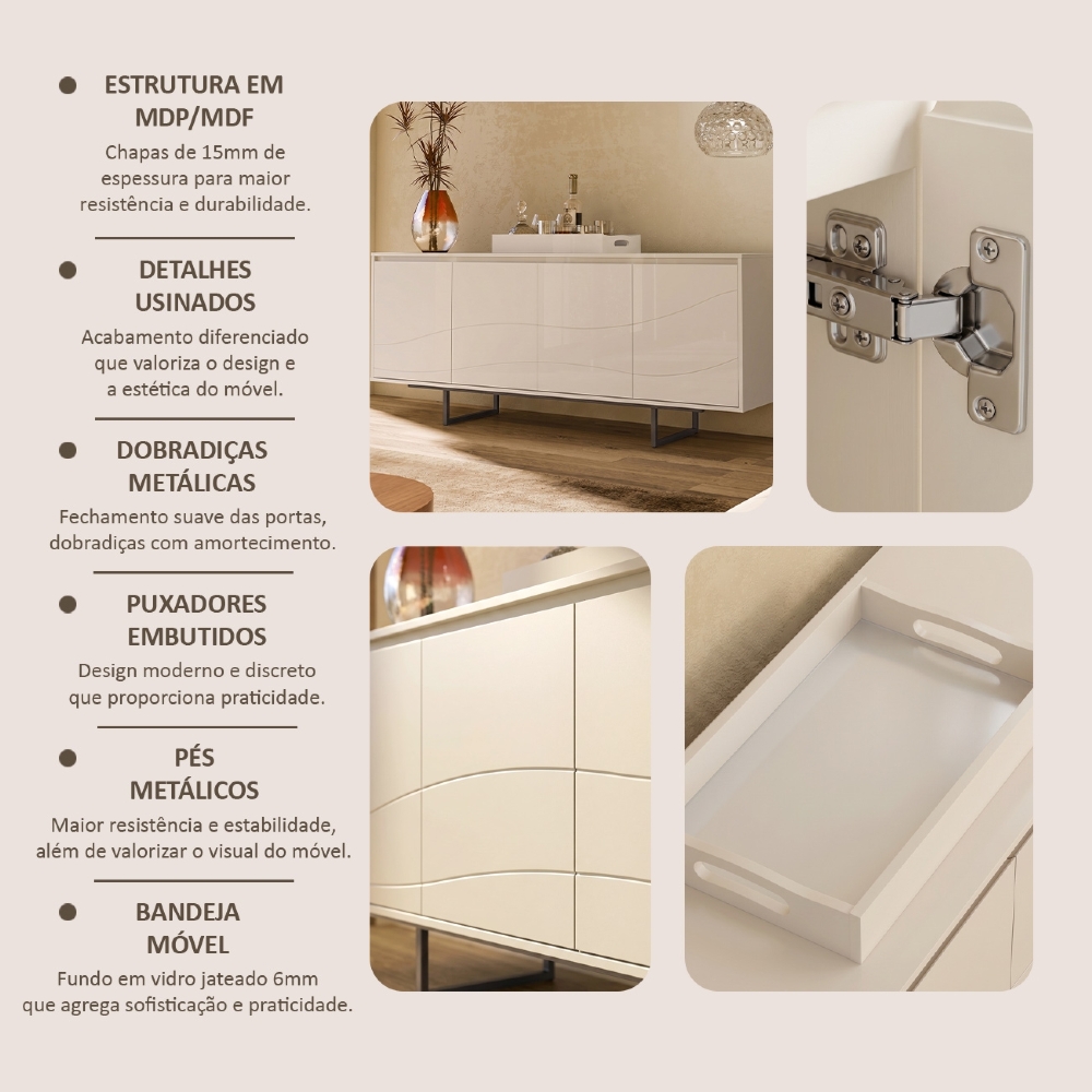 Buffet Aparador 180cm 4 Portas Maui Off White A09 - Mpozenato