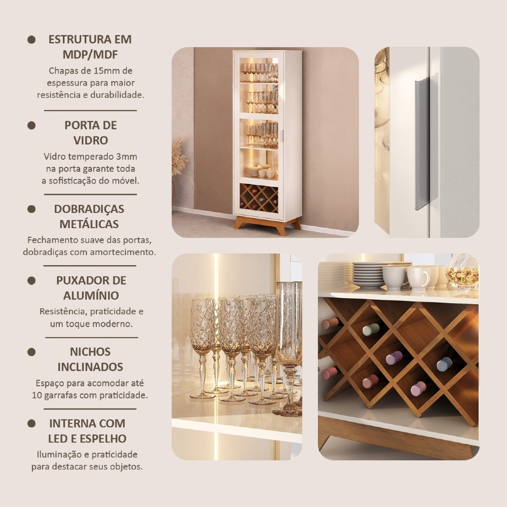 Cristaleira Porta de Vidro 60cm Magna Off White/Cinamomo A09 - Mpozenato