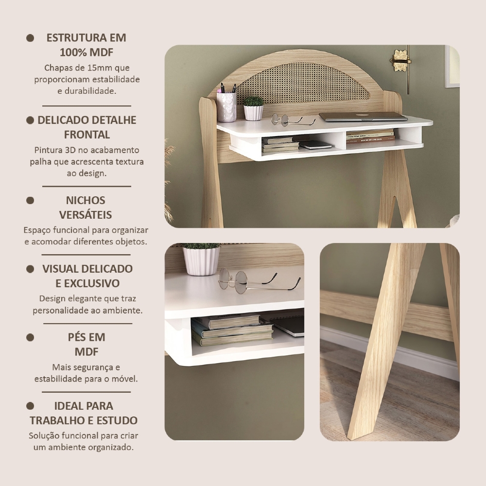 Mesa Escrivaninha Para Computador 90cm Olive Naturale/Branco A09 - Mpozenato