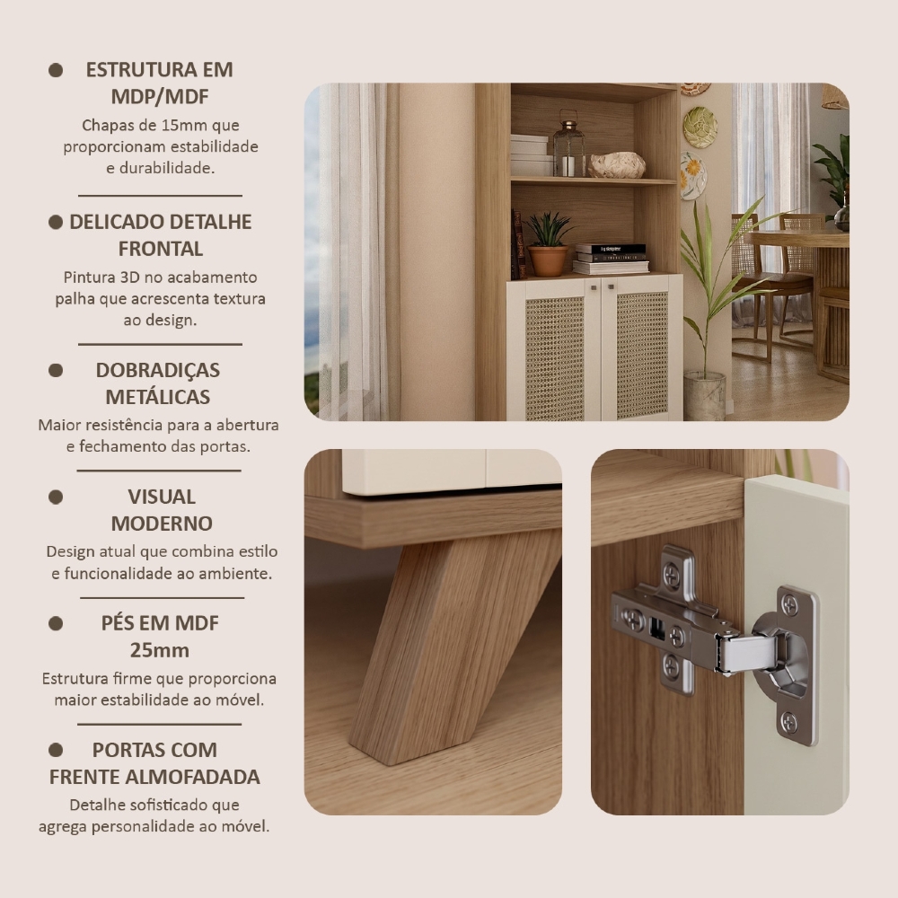 Estante Livreiro 70cm 2 Portas Tulum Cinamomo/Off White A09 - Mpozenato 