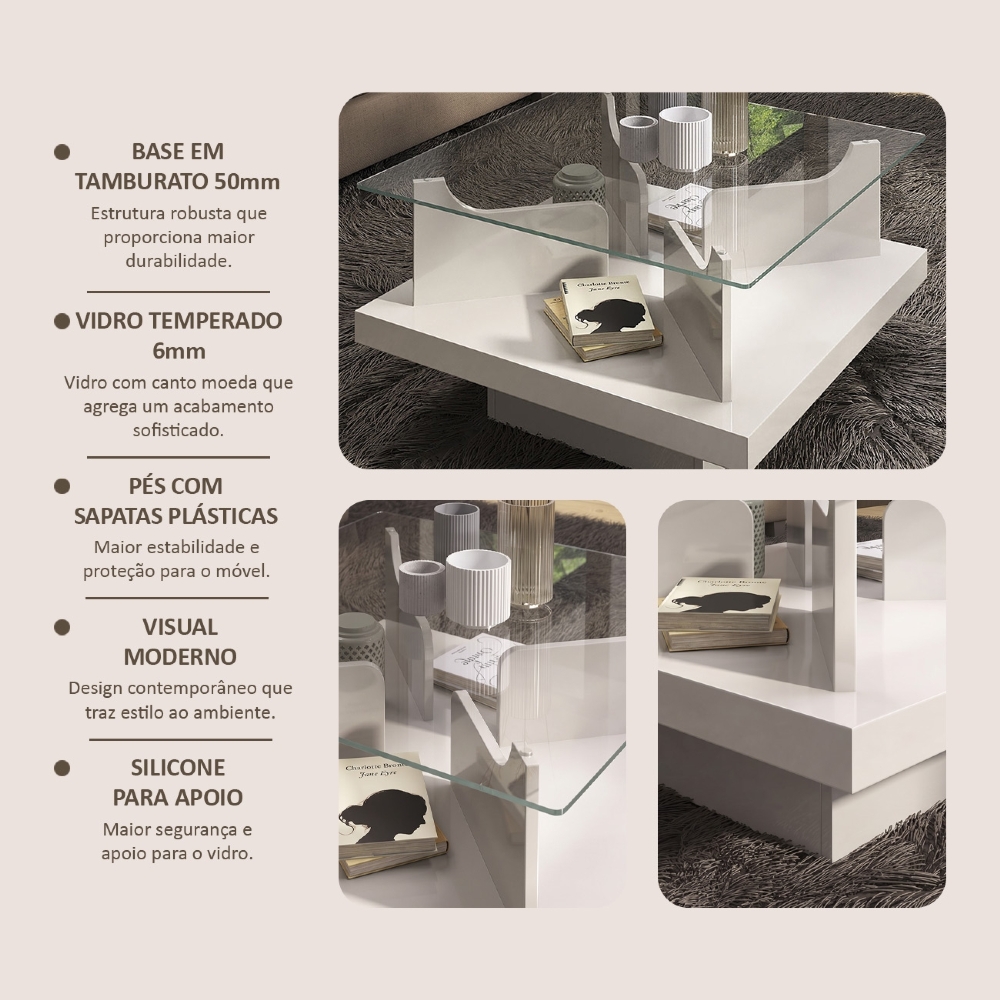 Mesa de Centro Para Sala Quadrada 70cm Niva Off White A09 - Mpozenato