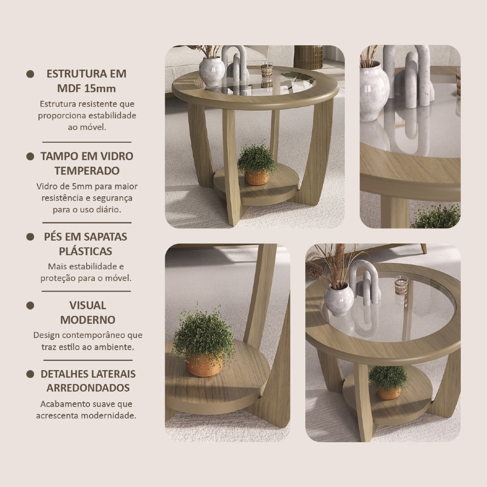 Mesa de Centro Para Sala Redonda 60cm Dalia Carvalho A09 - Mpozenato
