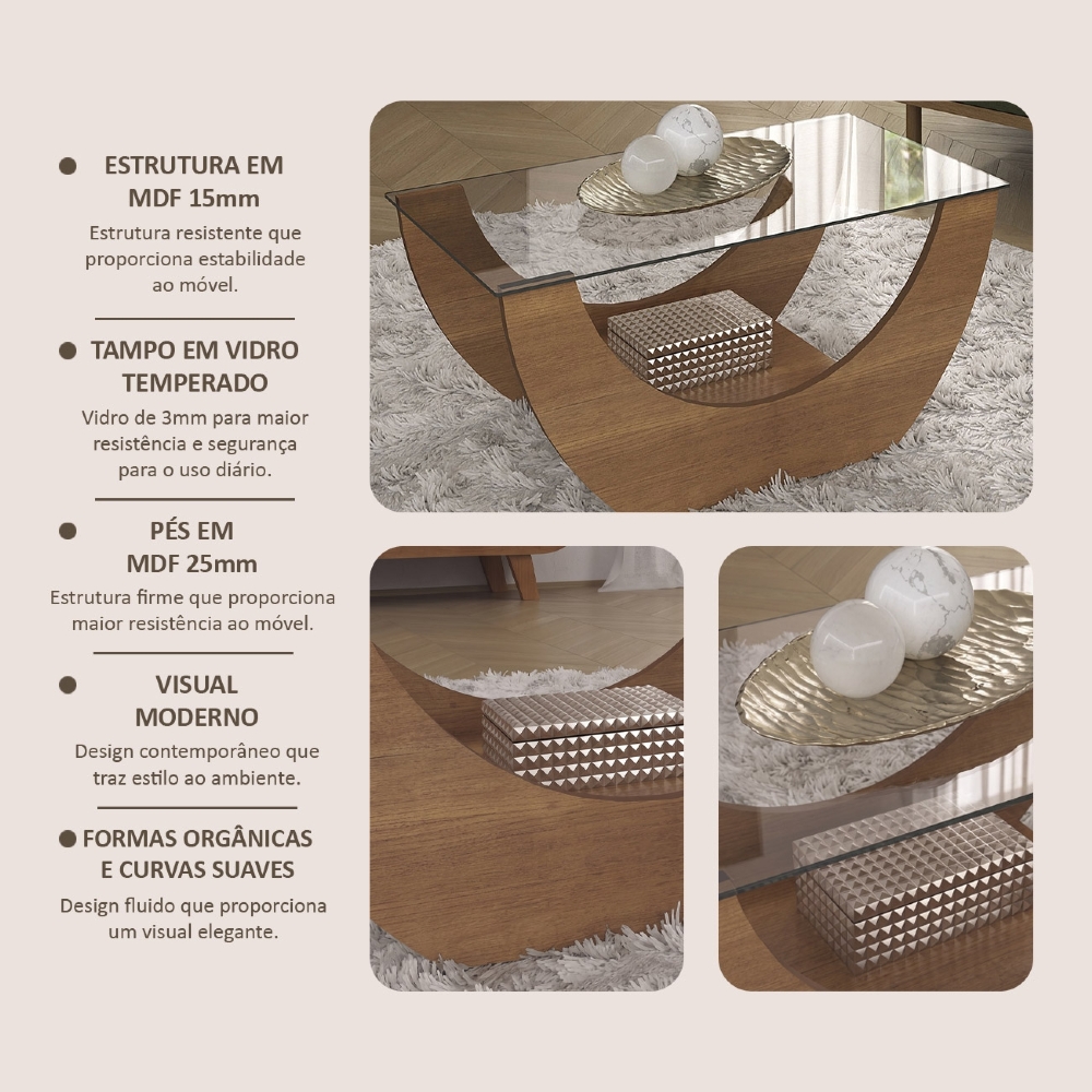 Mesa de Centro Baixa Para Sala Retangular Breeze Cinamomo A09 - Mpozenato