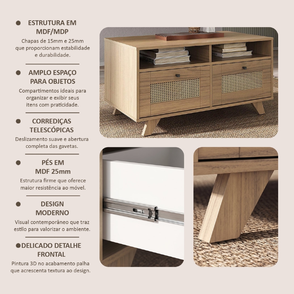Mesa de Centro Para Sala 2 Gavetas Tulum Carvalho A09 - Mpozenato