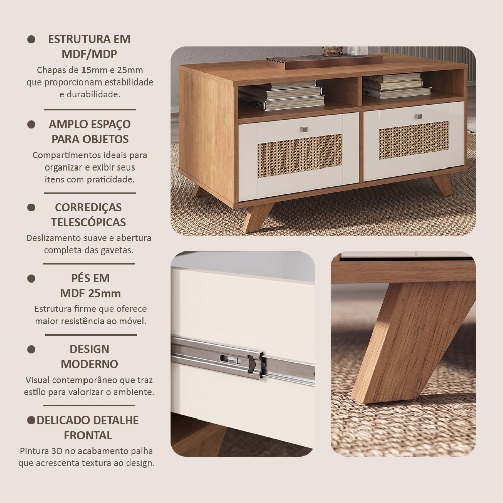 Mesa de Centro Para Sala 2 Gavetas Tulum Cinamomo/Off White A09 - Mpozenato