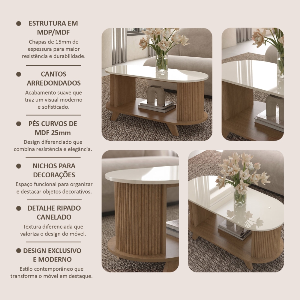 Mesa de Centro Para Sala Ripada Edge Cinamomo/Off White A09 - Mpozenato