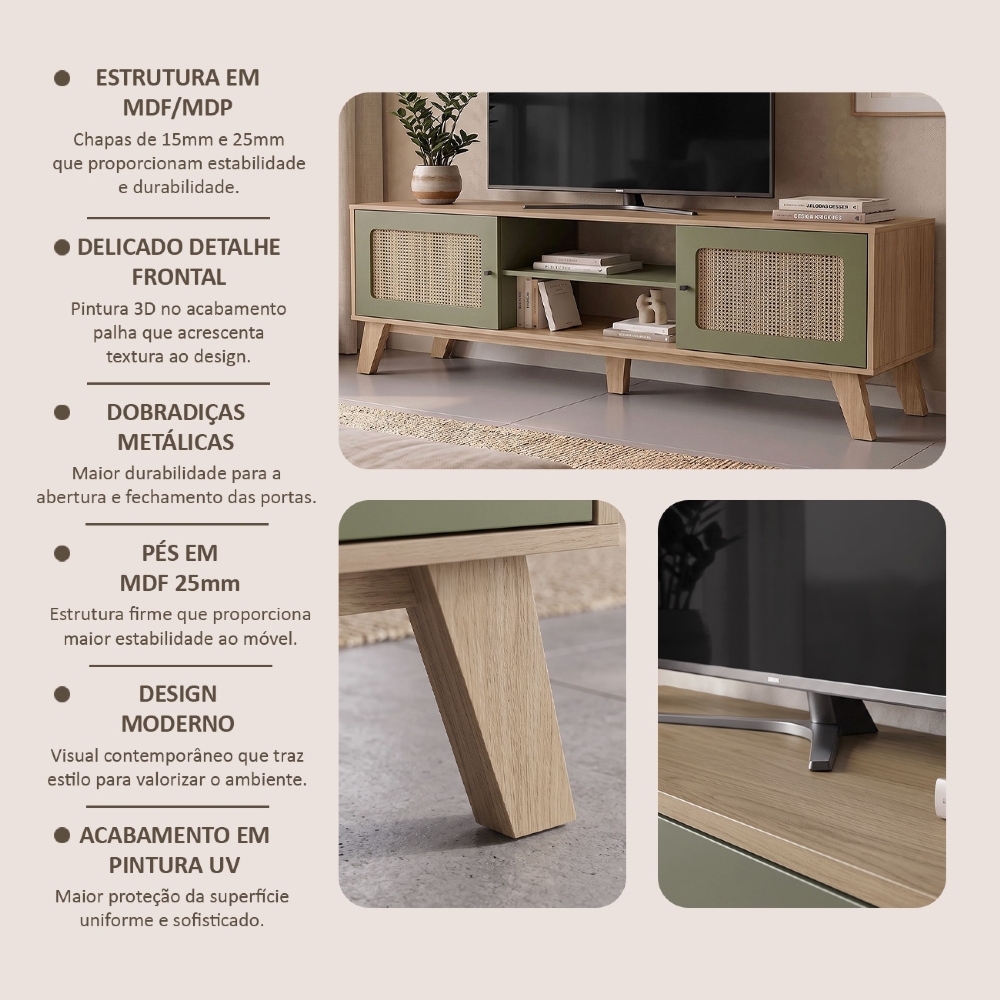 Rack TV 75 Pol 180cm 2 Portas Sofie Carvalho/Menta A09 - Mpozenato