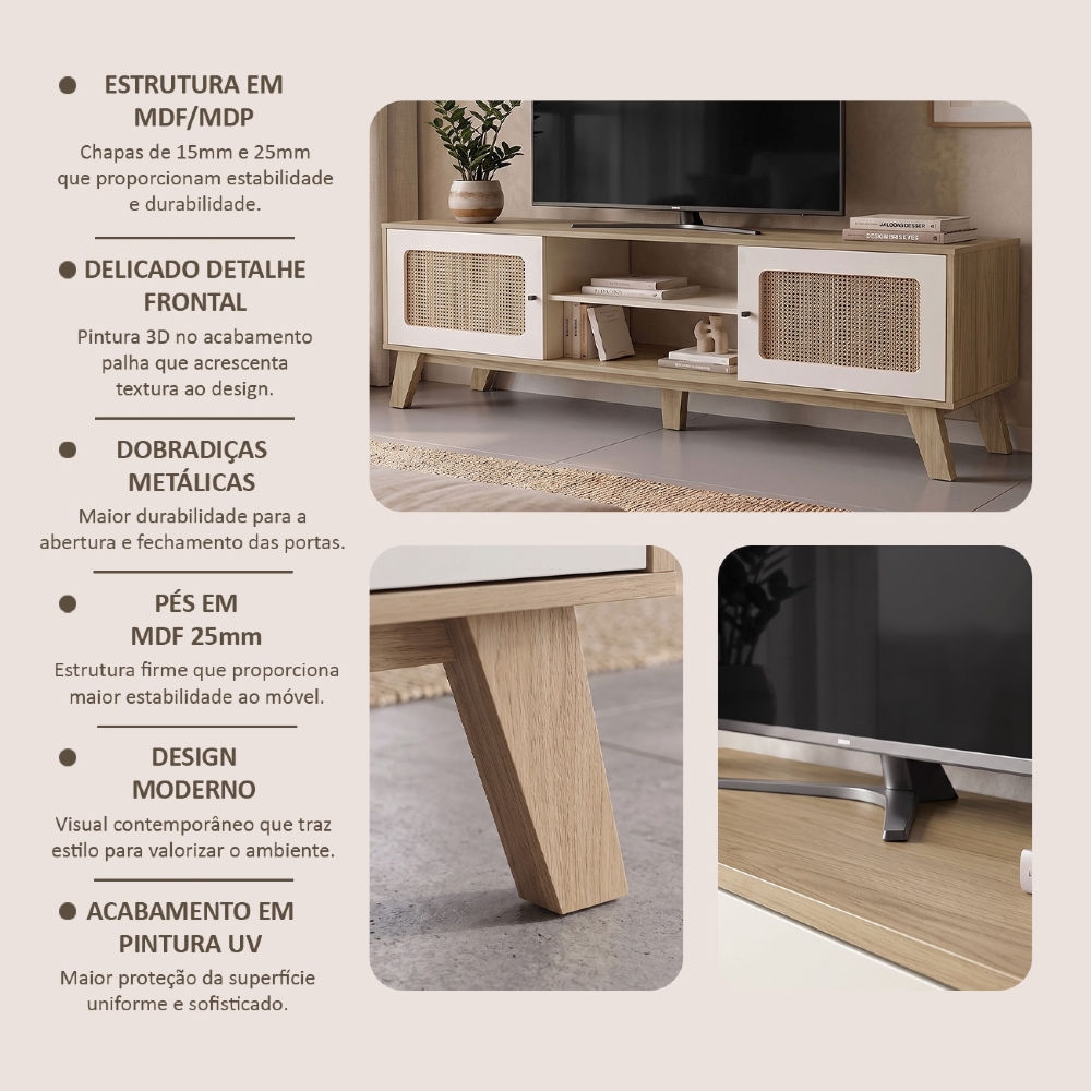 Rack TV 75 Pol 180cm 2 Portas Sofie Carvalho/Off White A09 - Mpozenato