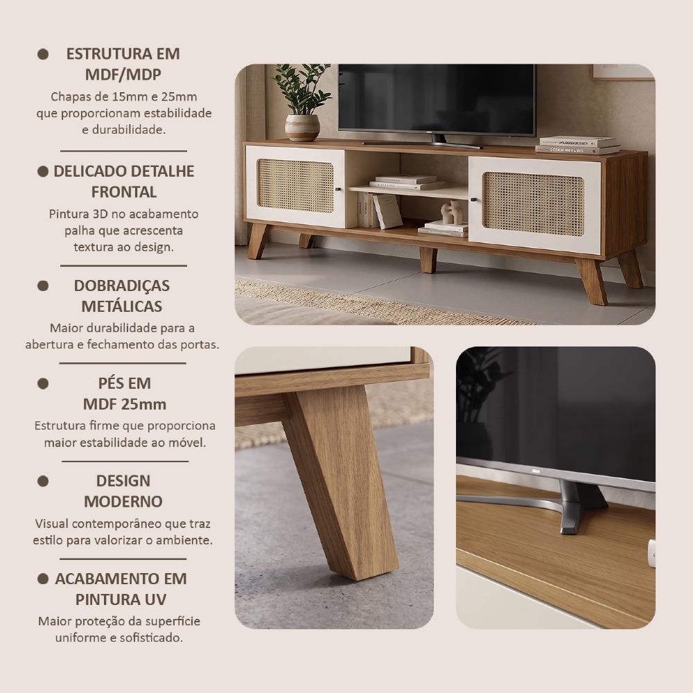 Rack TV 75 Pol 180cm 2 Portas Sofie Cinamomo/Off White A09 - Mpozenato