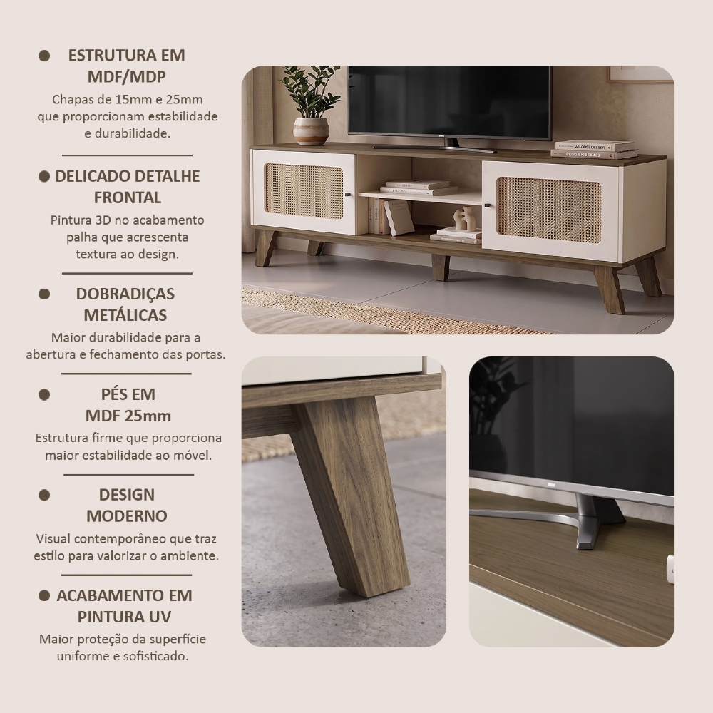 Rack TV 75 Pol 180cm 2 Portas Sofie Pinho/Off White A09 - Mpozenato