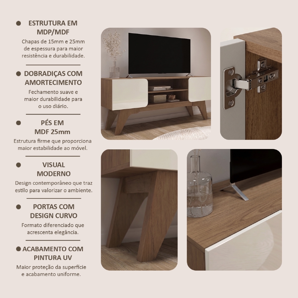 Rack TV 65 Pol 160cm 2 Portas Elos Cinamomo/Off White A09 - Mpozenato