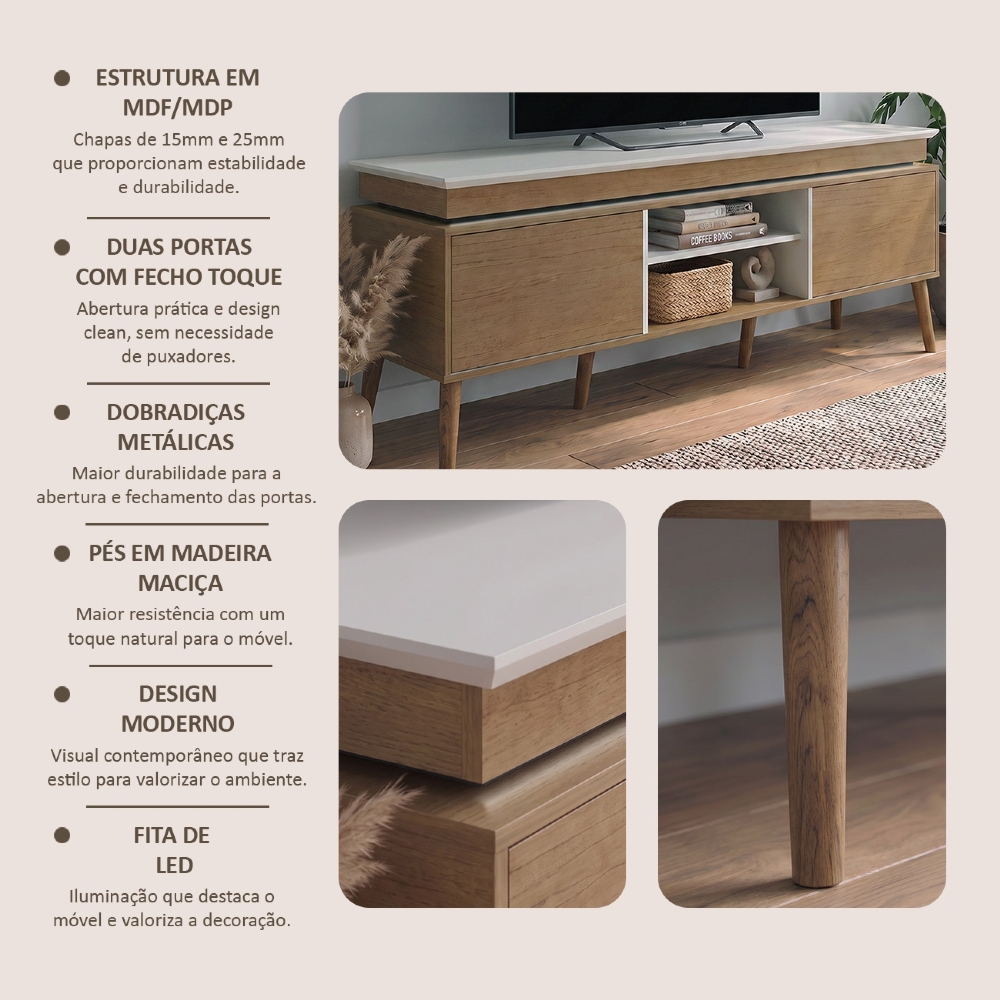 Rack TV 75 Pol 180cm 2 Portas Luminus Off White/Cinamomo A09 - Mpozenato