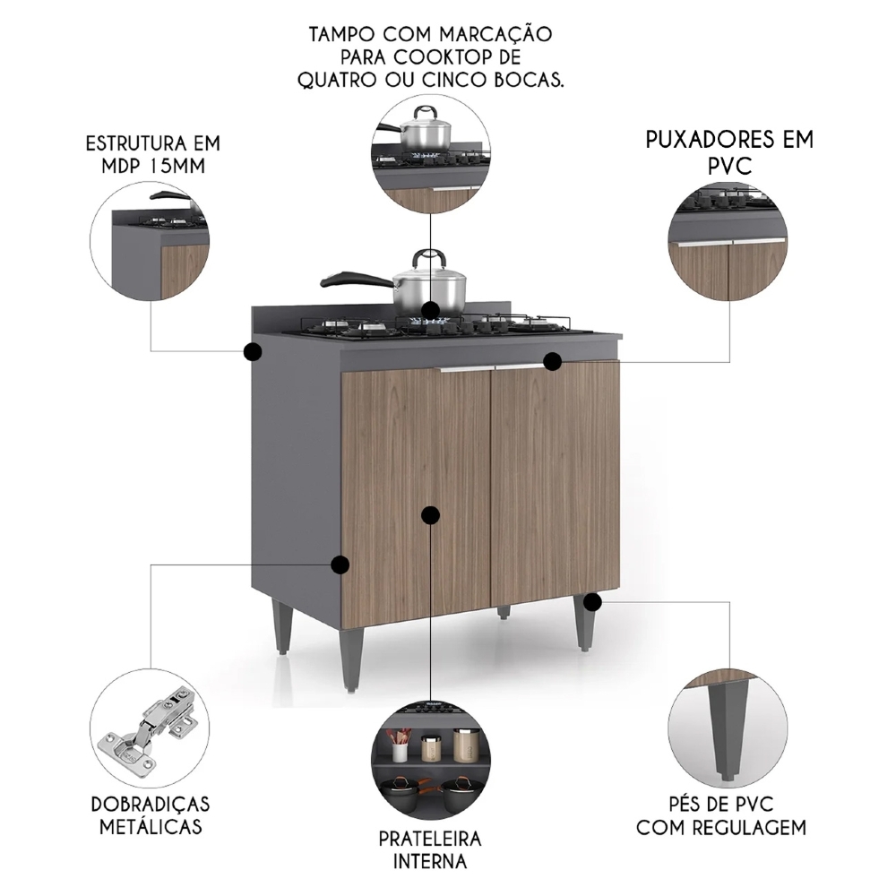 Balcão de Cozinha Para Cooktop 80cm Pérola Z34 Grafite/Freijó - Mpozenato