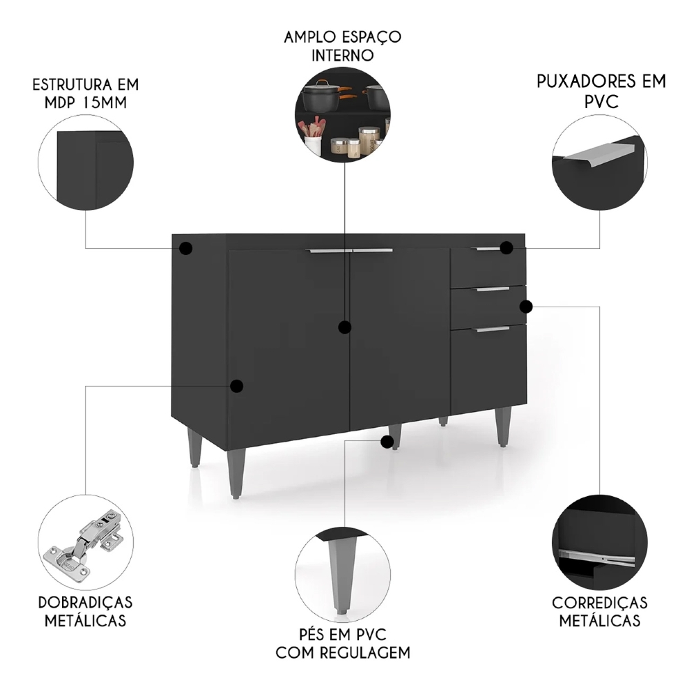Balcão Para Pia 120cm Sem Tampo Pérola Z34 Preto - Mpozenato