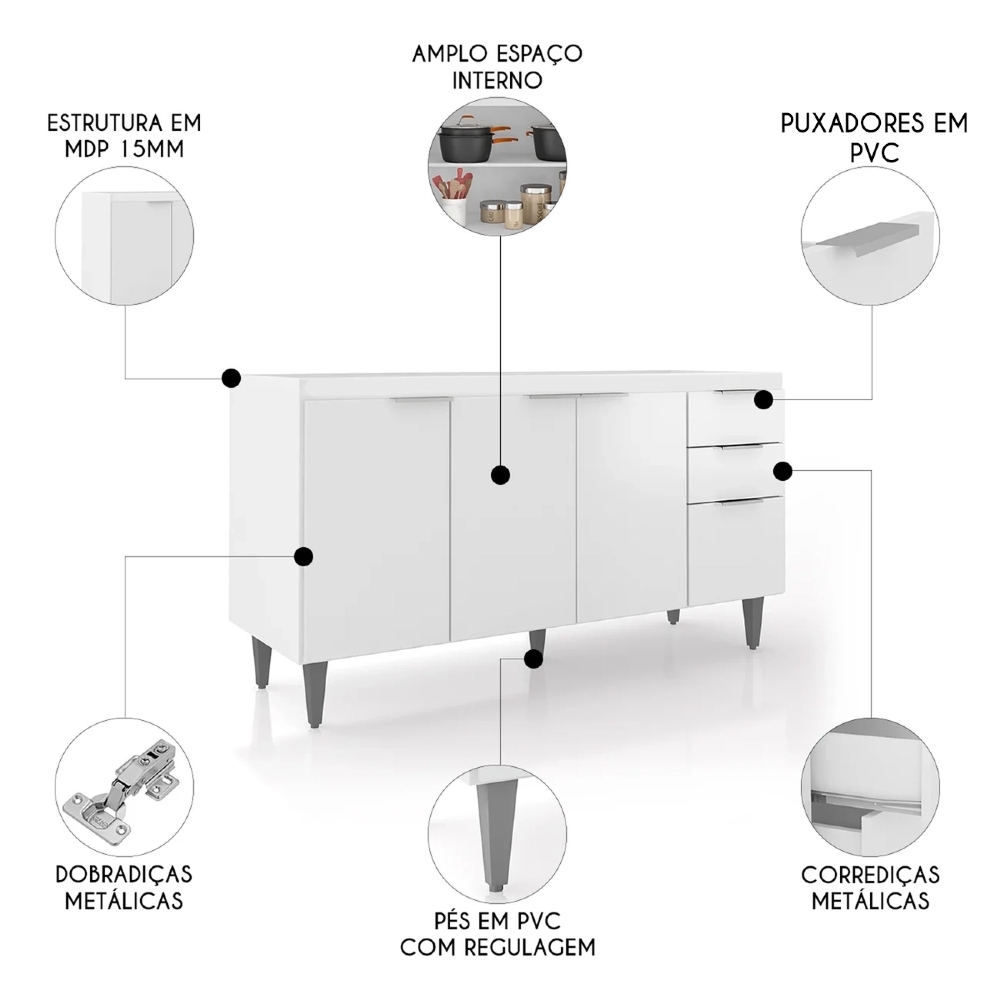 Balcão Para Pia 150cm Sem Tampo Pérola Z34 Branco - Mpozenato
