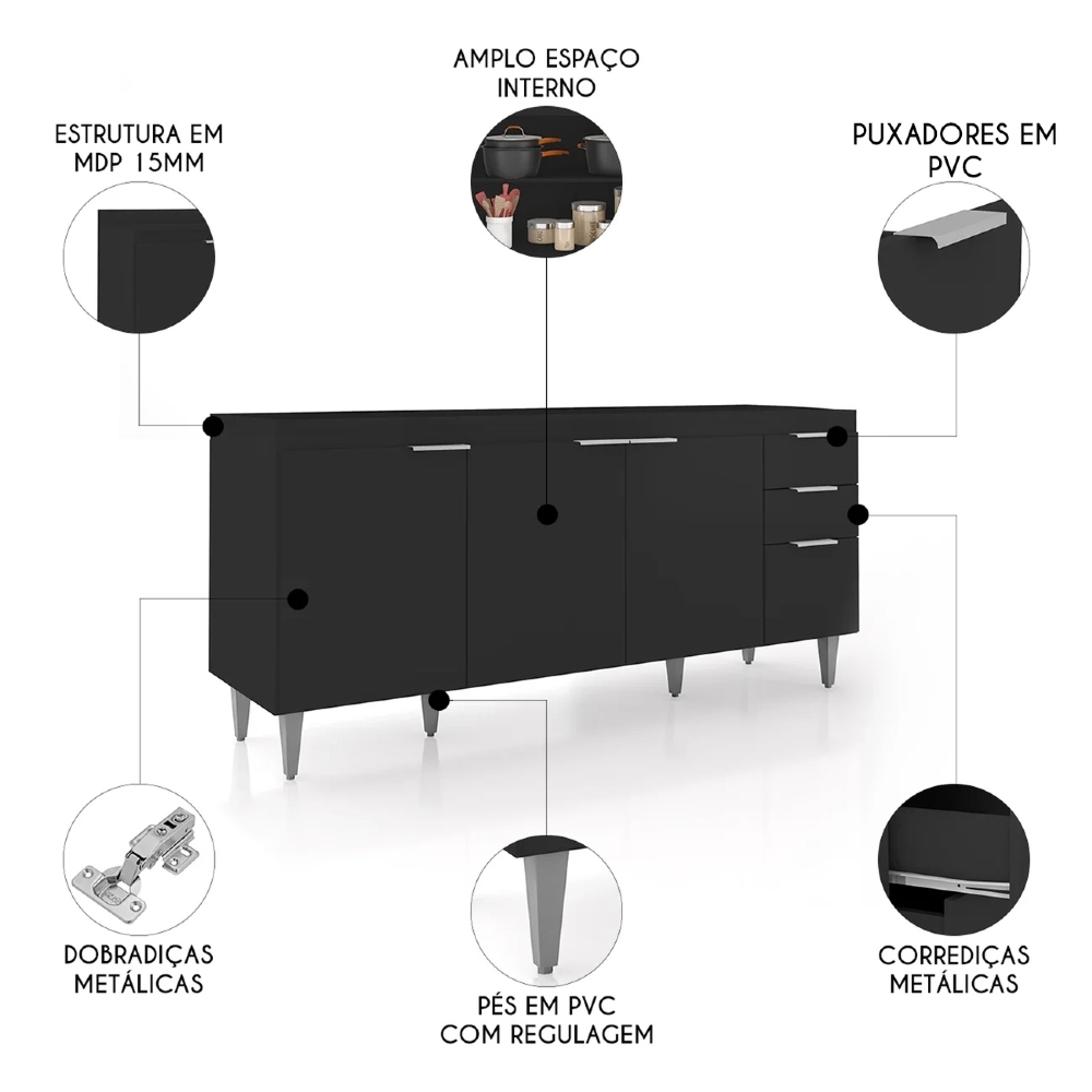 Balcão Para Pia 180cm Sem Tampo Pérola Z34 Preto - Mpozenato