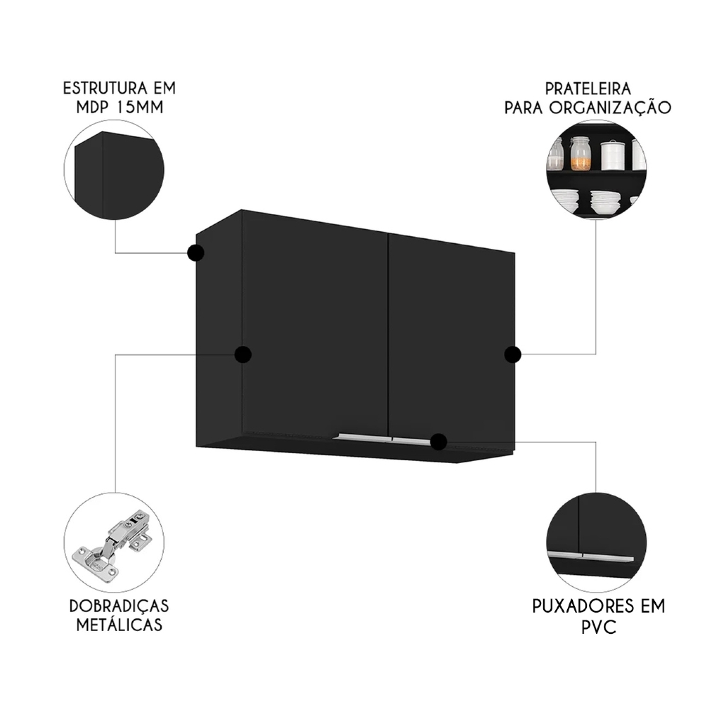 Armário de Cozinha Aéreo 80cm Pérola Z34 Preto - Mpozenato