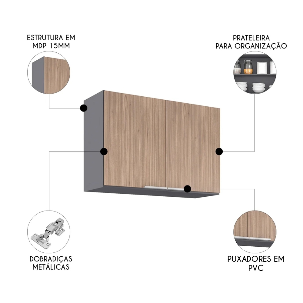 Armário de Cozinha Aéreo 80cm Pérola Z34 Grafite/Freijó - Mpozenato