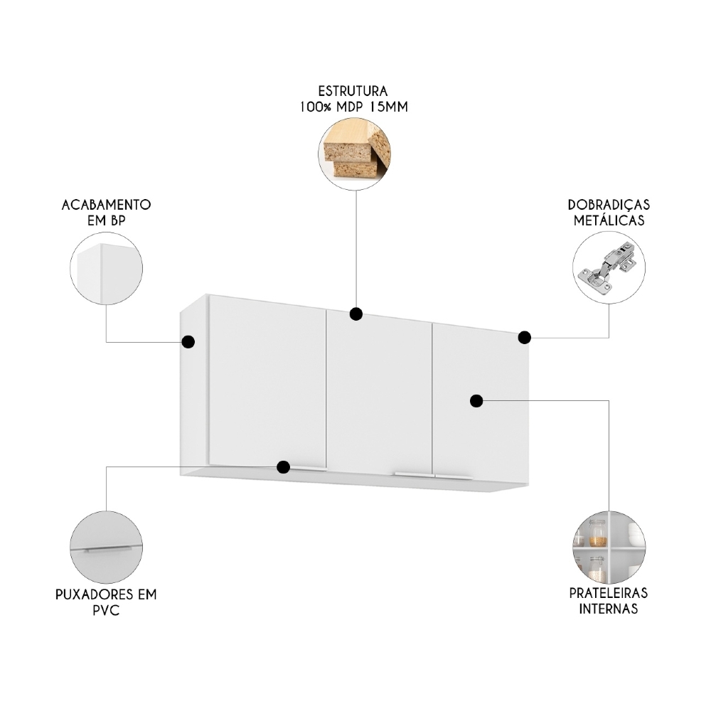 Armário de Cozinha Aéreo 120cm Pérola Z34 Branco            - Mpozenato