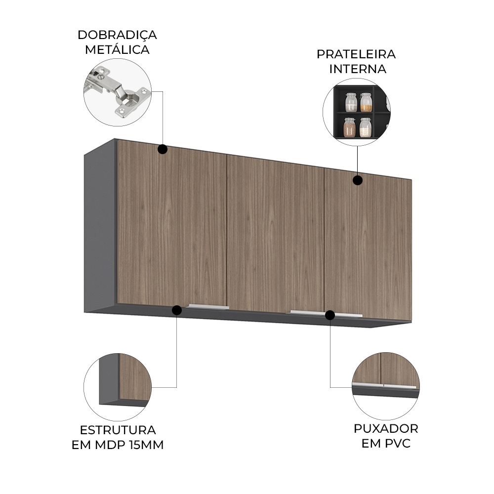 Armário de Cozinha Aéreo 120cm Pérola Z34 Grafite/Freijó - Mpozenato