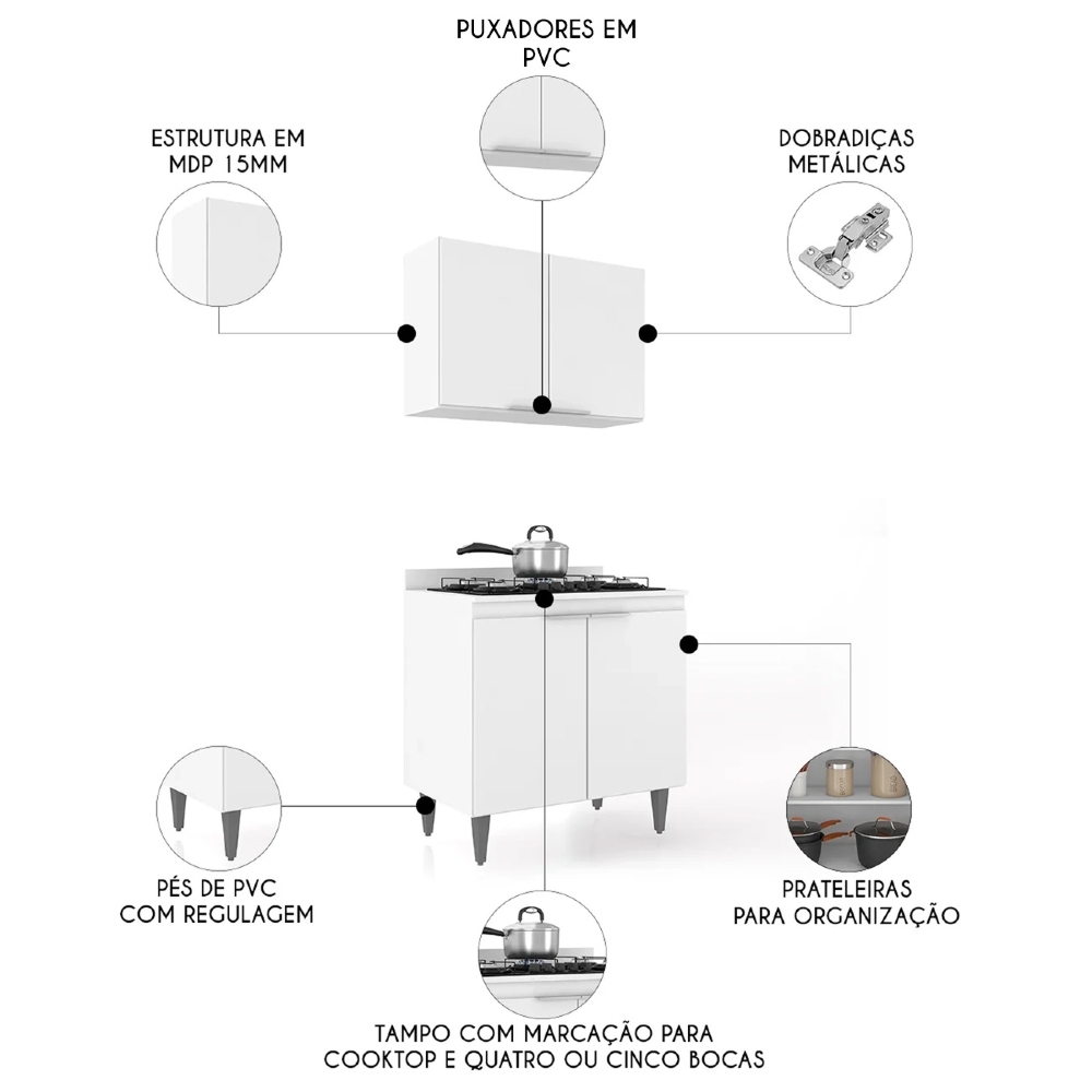 Armário de Cozinha e Balcão Cooktop Pérola Z34 Branco - Mpozenato