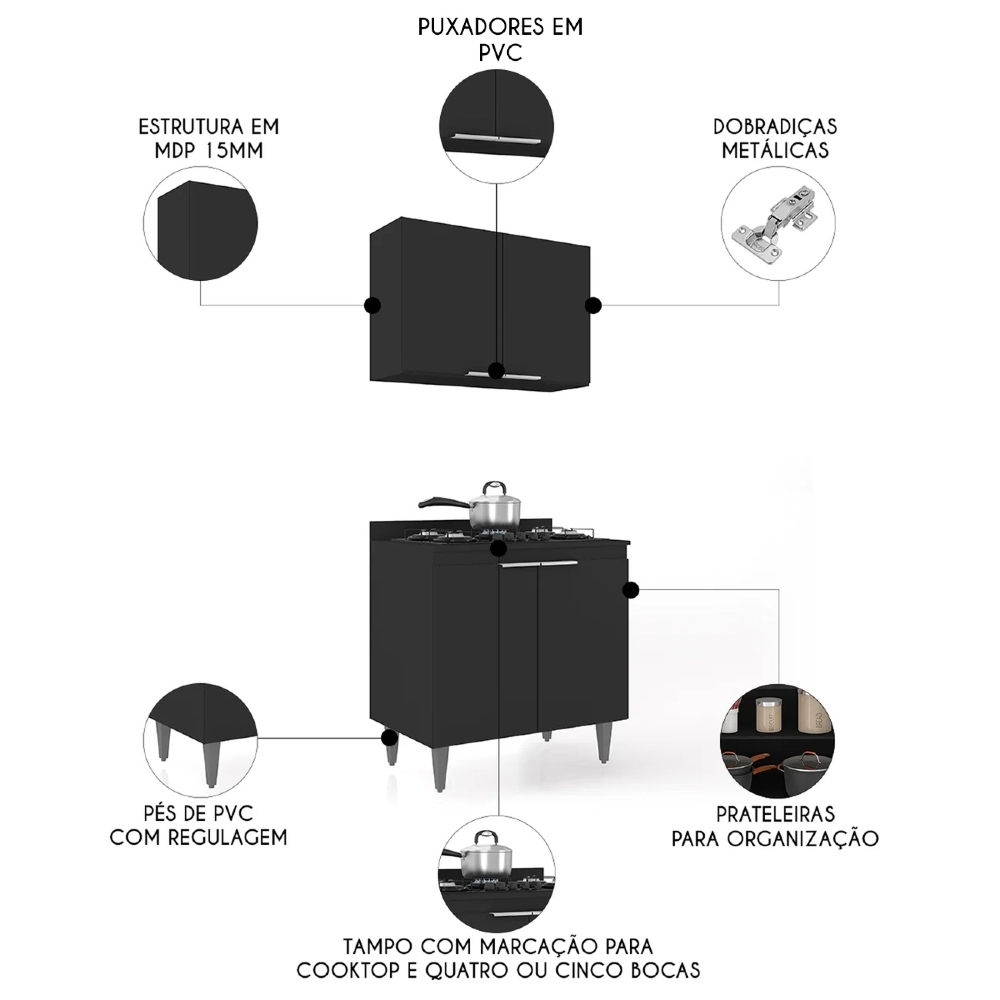Armário de Cozinha e Balcão Cooktop Pérola Z34 Preto - Mpozenato