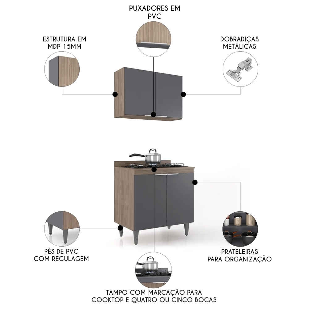 Armário de Cozinha e Balcão Cooktop Pérola Z34 Freijó/Grafite - Mpozenato