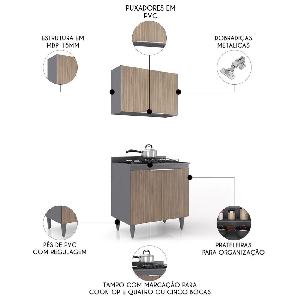 Armário de Cozinha e Balcão Cooktop Pérola Z34 Grafite/Freijó - Mpozenato