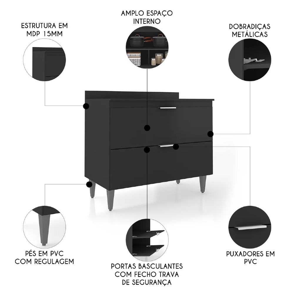 Balcão de Cozinha Com Tampo 100cm Pérola Preto Z34 - Mpozenato