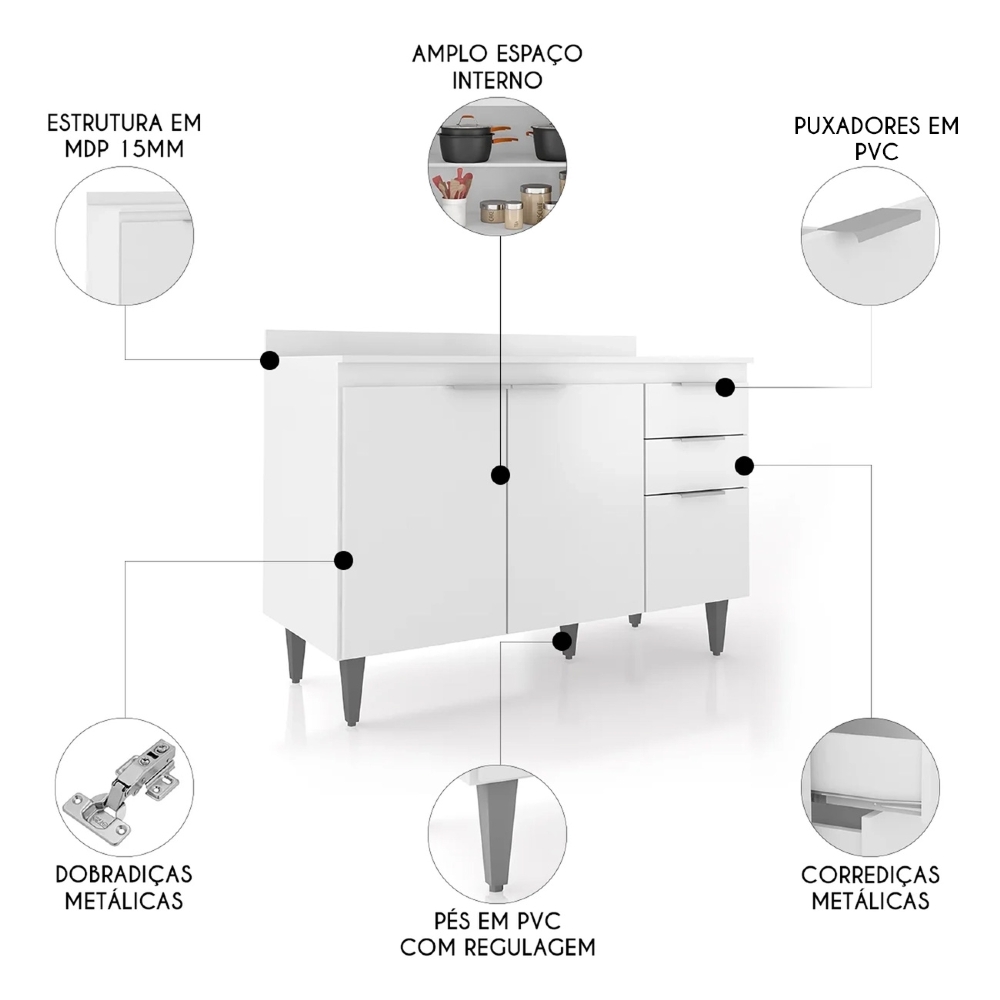 Balcão de Cozinha Com Tampo 120cm Pérola Branco Z34 - Mpozenato
