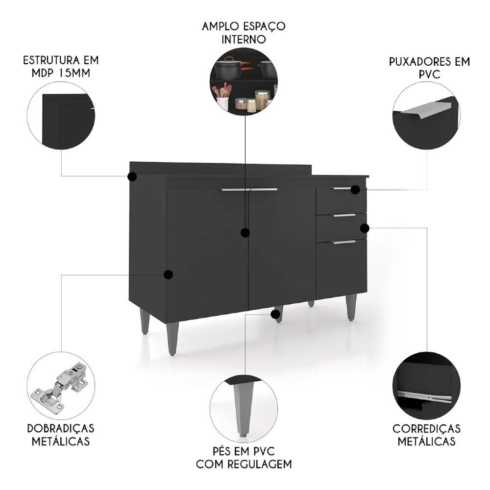 Balcão de Cozinha Com Tampo 120cm Pérola Preto Z34 - Mpozenato