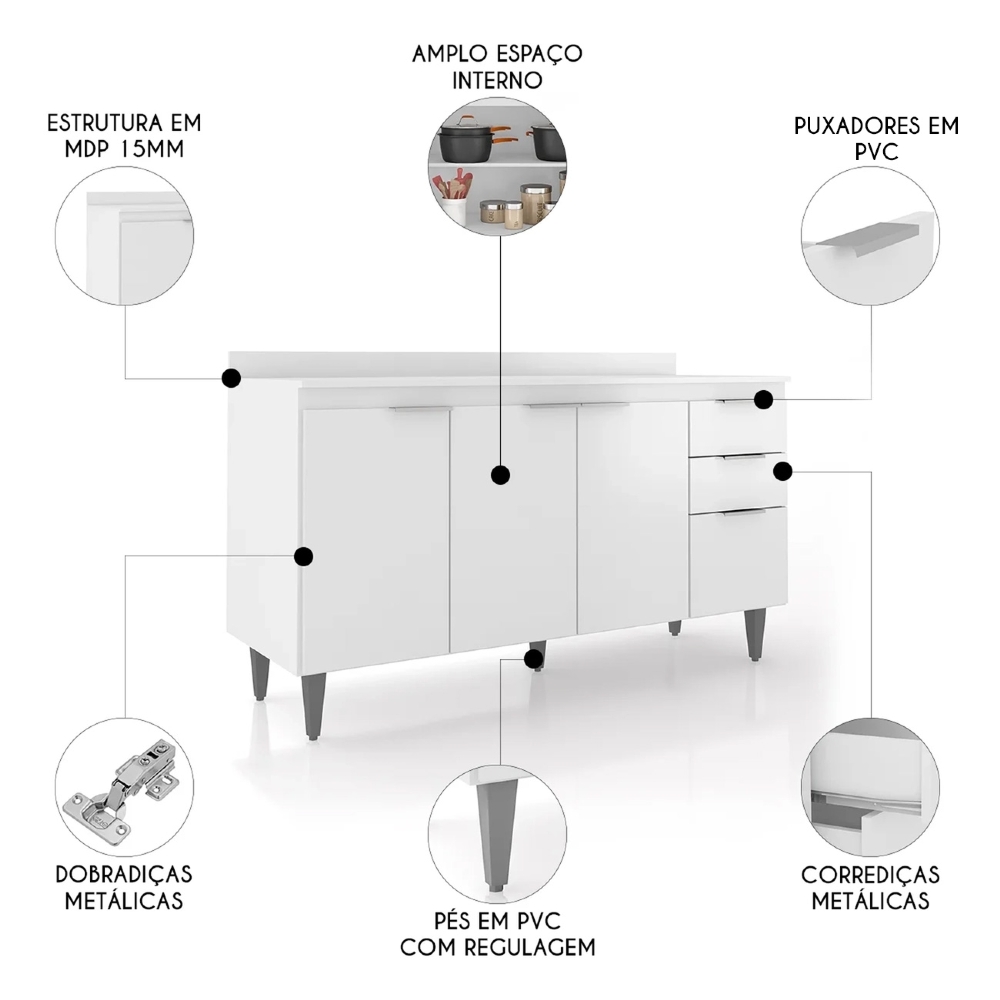 Balcão de Cozinha Com Tampo 150cm Pérola Branco Z34 - Mpozenato