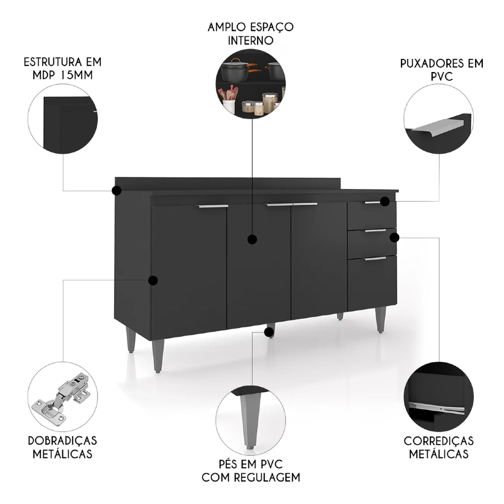 Balcão de Cozinha Com Tampo 150cm Pérola Preto Z34 - Mpozenato