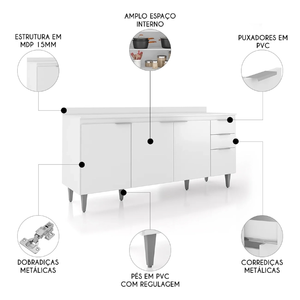 Balcão de Cozinha Com Tampo 180cm Pérola Branco Z34 - Mpozenato