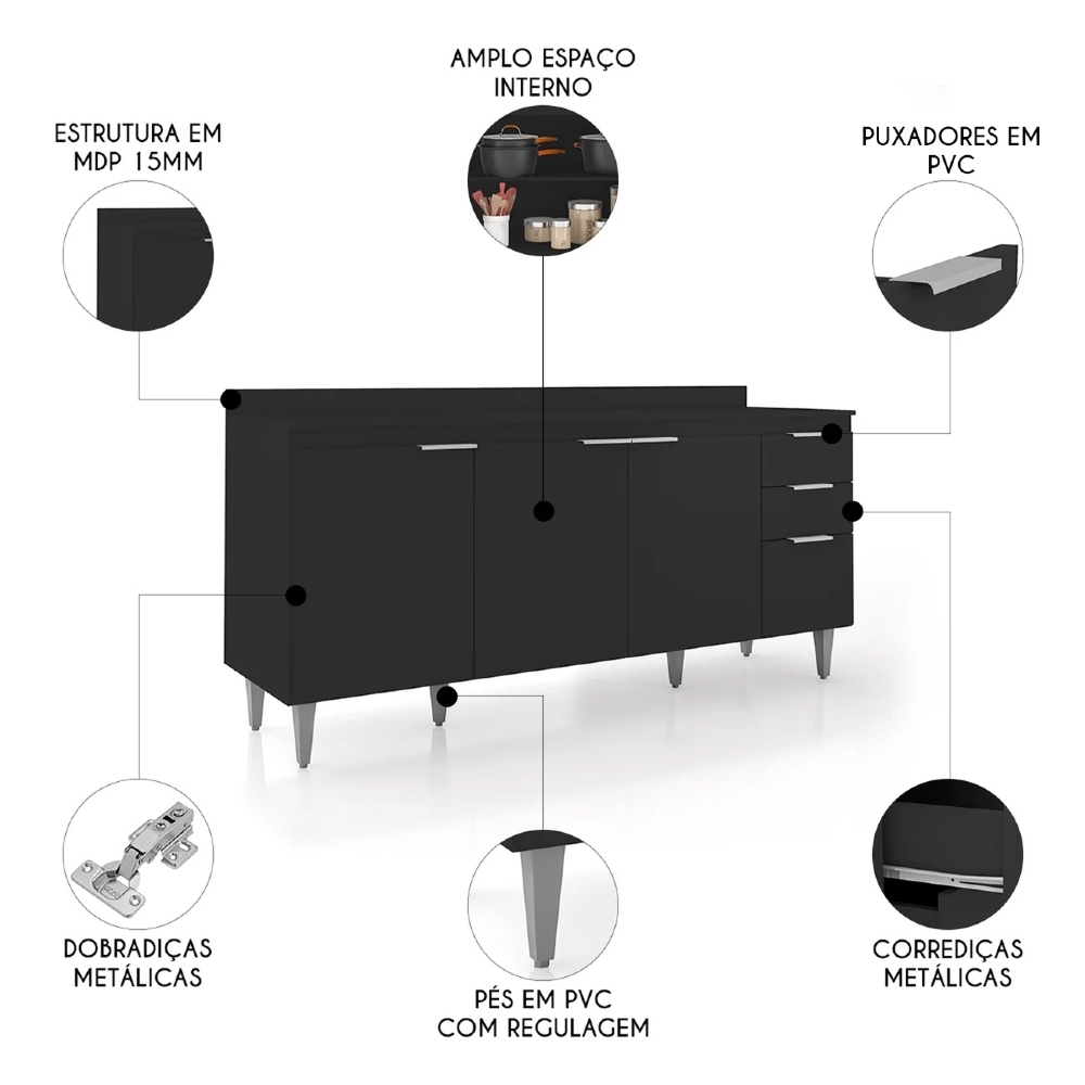 Balcão de Cozinha Com Tampo 180cm Pérola Preto Z34 - Mpozenato