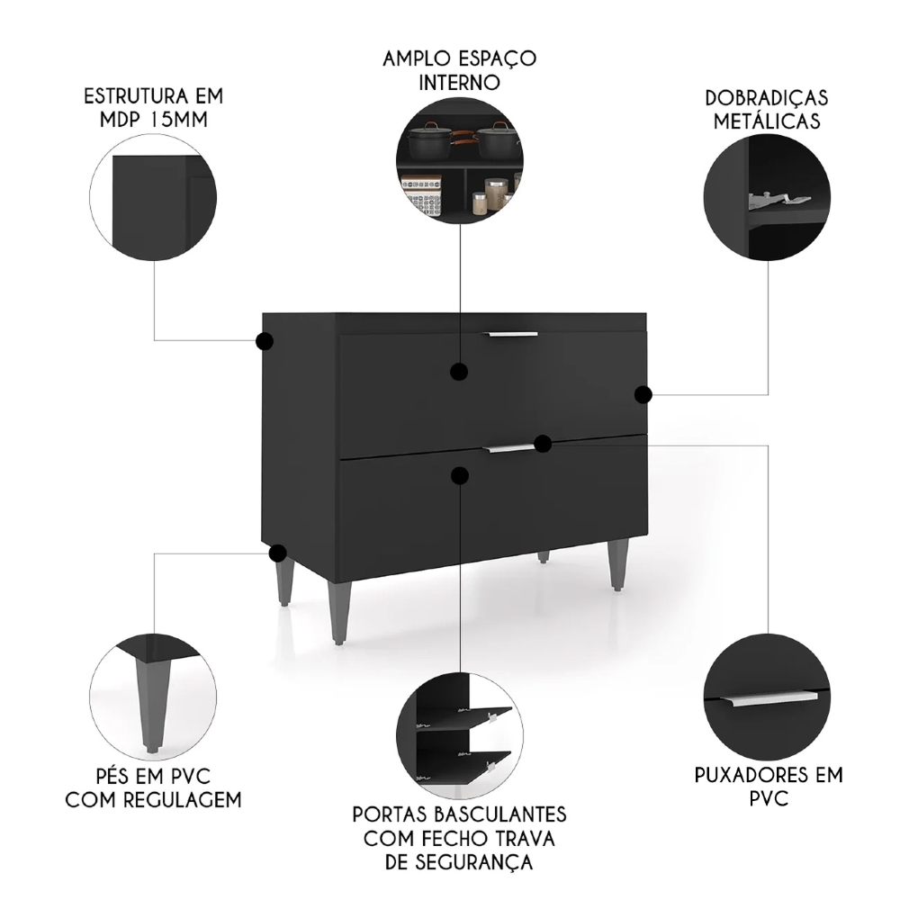 Balcão de Cozinha Com Pia Inox 100cm Pérola Z34 Preto       - Mpozenato