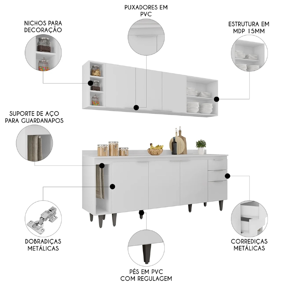 Armário de Cozinha CP13 e Tampo 200cm Pérola M24 Branco - Mpozenato