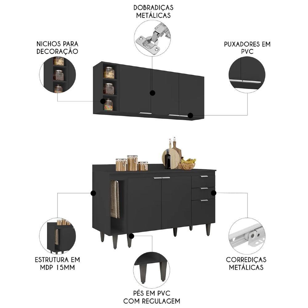 Armário de Cozinha CP12 e Tampo 118cm Pérola M24 Preto - Mpozenato