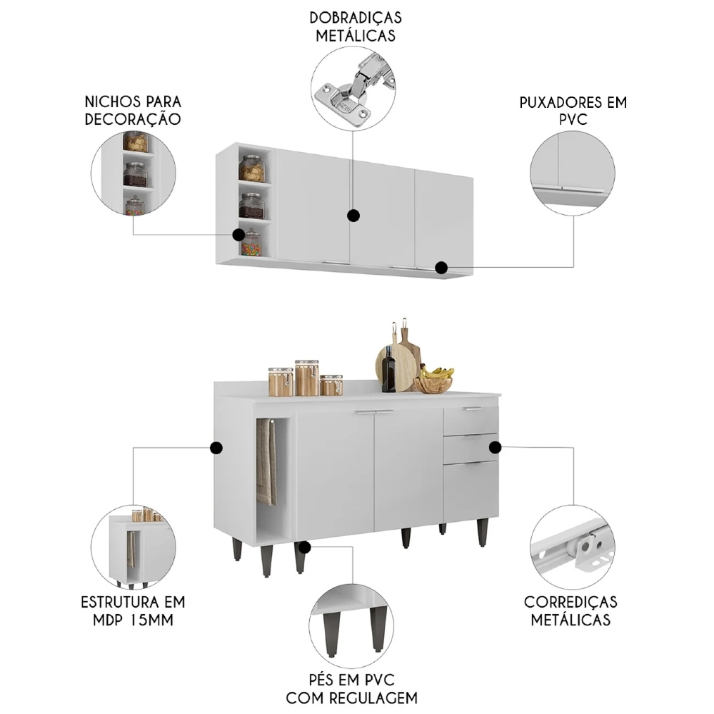 Armário de Cozinha CP12 e Tampo 118cm Pérola M24 Branco - Mpozenato