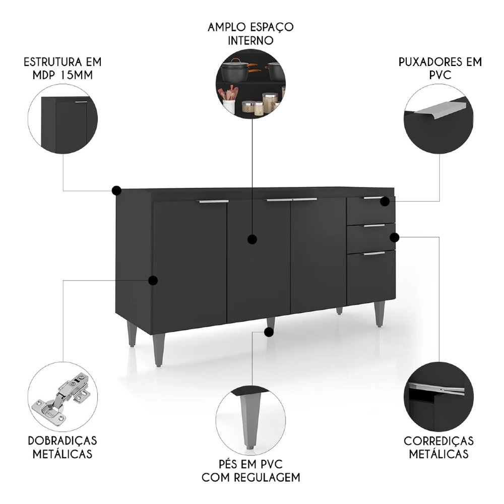 Balcão de Cozinha Com Pia Inox 150cm Pérola Z34 Preto - Mpozenato
