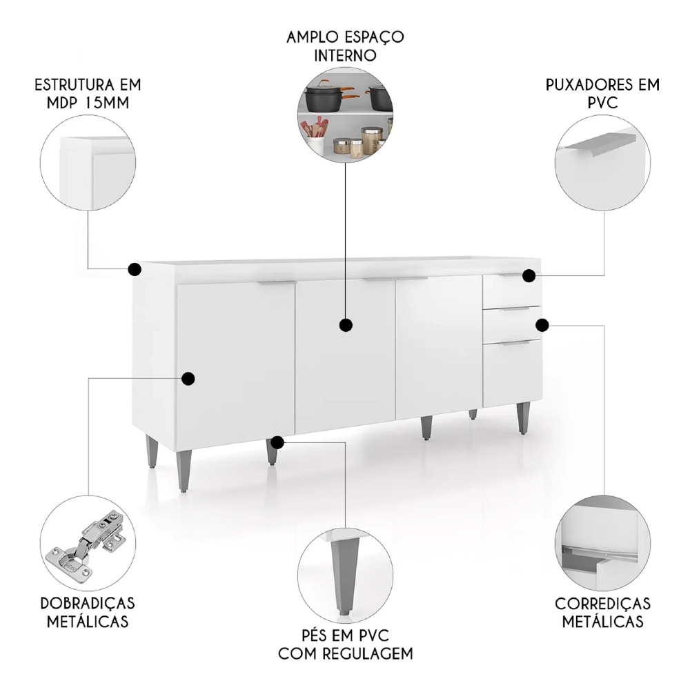 Balcão de Cozinha Com Pia Inox 180cm Pérola Z34 Branco - Mpozenato