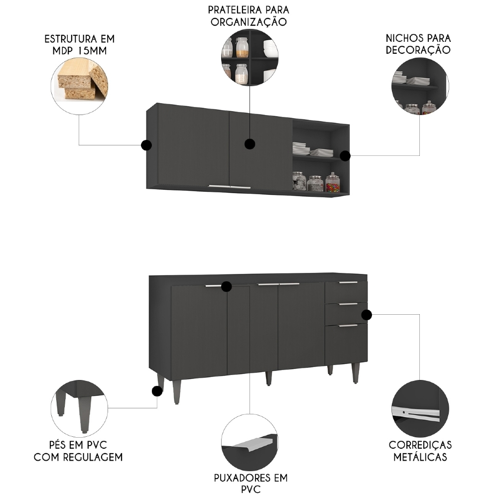 Armário de Cozinha CP01 Para Pia 150cm Pérola Z34 Preto - Mpozenato