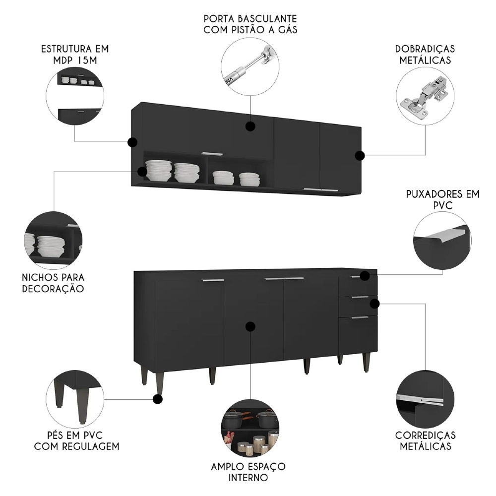 Armário de Cozinha CP01 Para Pia 180cm Pérola Z34 Preto - Mpozenato