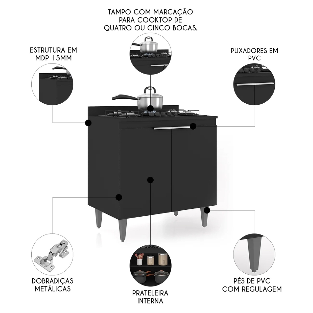 Balcão de Cozinha Para Cooktop 80cm Pérola Z34 Preto - Mpozenato