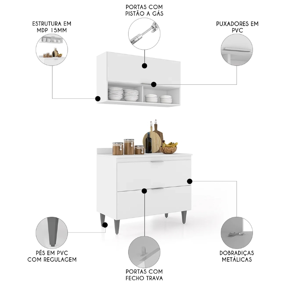 Armário de Cozinha Com Tampo CP01 100cm Pérola Branco Z34 - Mpozenato