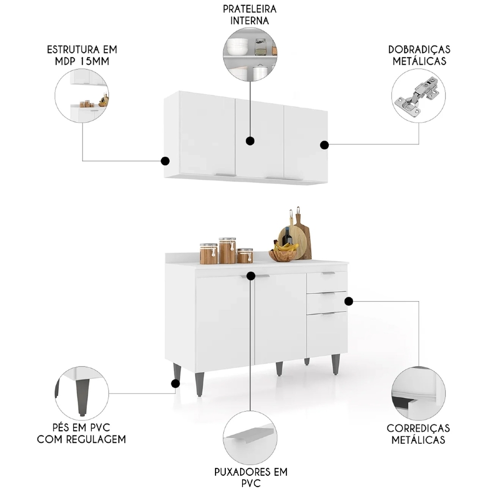 Armário de Cozinha Com Tampo CP01 120cm Pérola Branco Z34 - Mpozenato