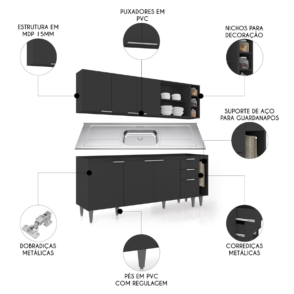 Armário de Cozinha CP11 Com Pia 200cm Pérola Z34 Preto - Mpozenato