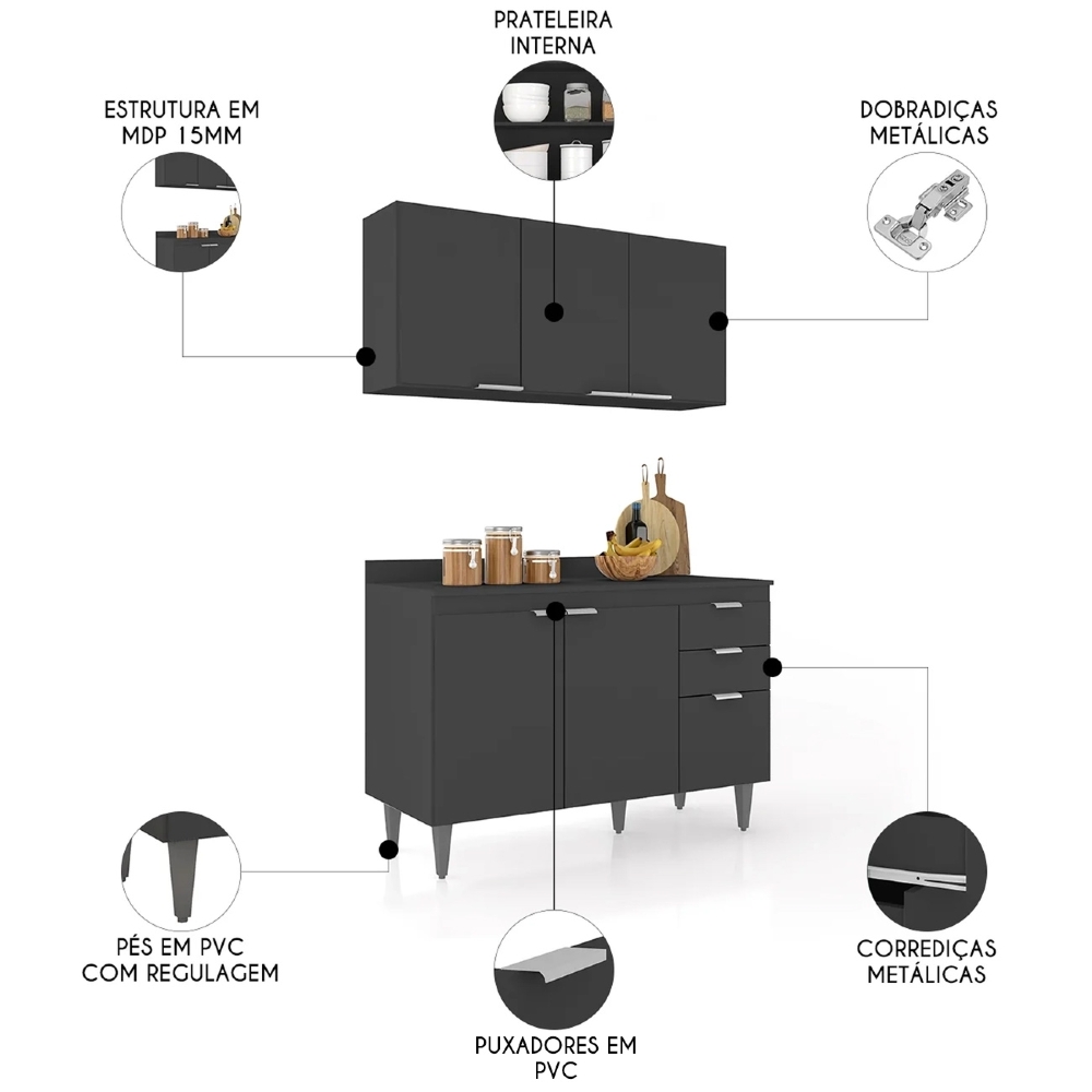 Armário de Cozinha Com Tampo CP01 120cm Pérola Preto Z34 - Mpozenato