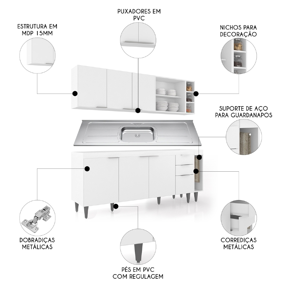Armário de Cozinha CP11 Com Pia 200cm Pérola Z34 Branco - Mpozenato